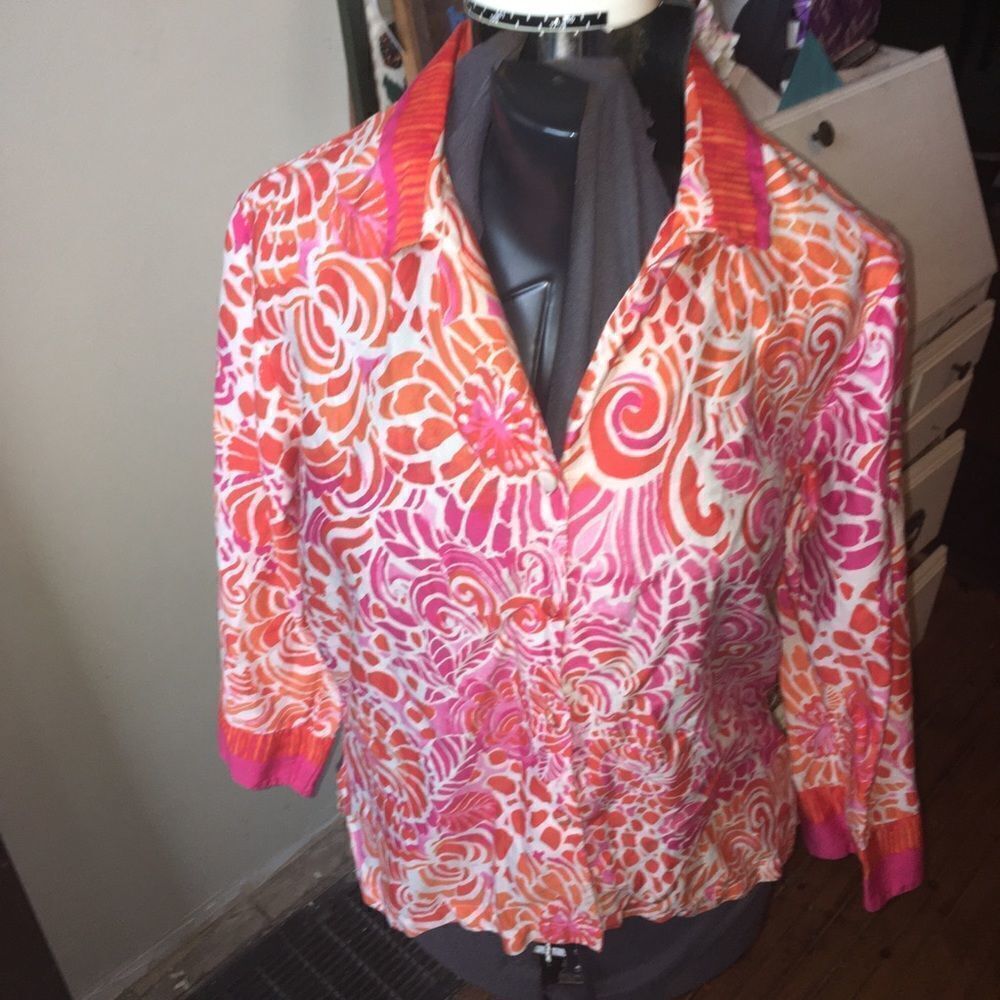 Vintage Oscar de La Renta M pink & orange floral button down blouse